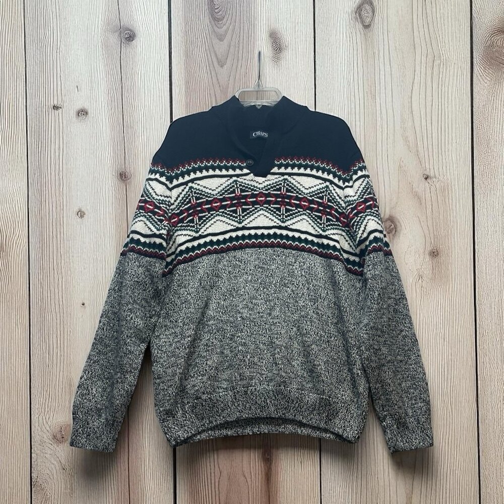 Chaps Henley Three Button Collar Nordic Ski Lodge Icelandic Sweater Sz Large